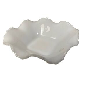 White Milk Glass Candy Dish Scalloped Edge Hobnail Base Vintage Decorative Bowl